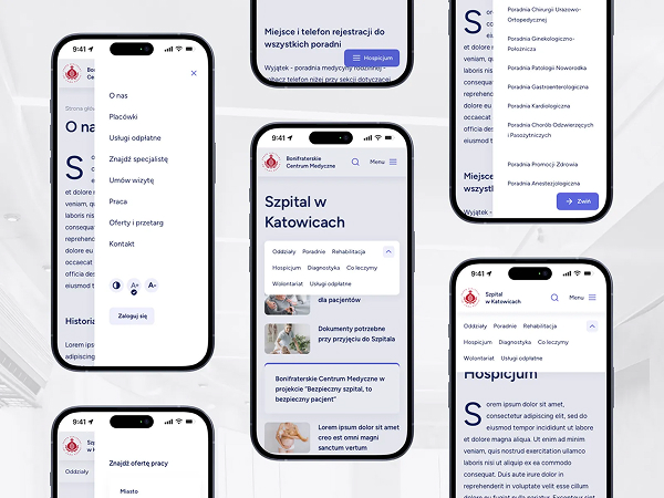 Widoki responsywne strony internetowej sieci szpitali